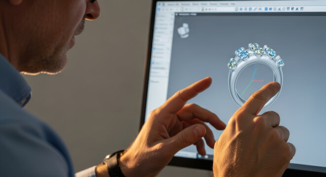 Jewelry designer analyzes gemstone ring model on computer screen, focusing closely on digital adjustments and precision in modern cad design process