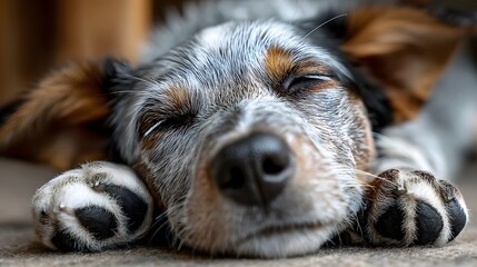Adorable dog sleeping upside down with paws in the air