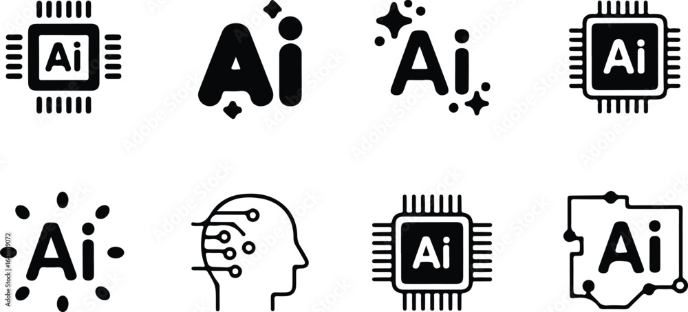 Poster artificial intelligence icons processor chip human brain circuit board vector