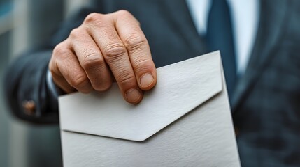 Businessman slides document into presentation folder