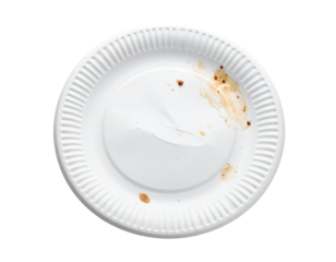 A used and dirty paper plate with food remnants, isolated on a white background, representing food waste and single-use disposable items.