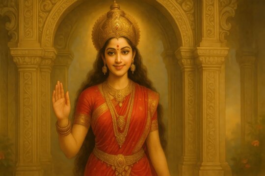 Serene Hindu Goddess Blessing Portrait with Golden Crown and Red Sari in Temple Archway. - Powered by Adobe