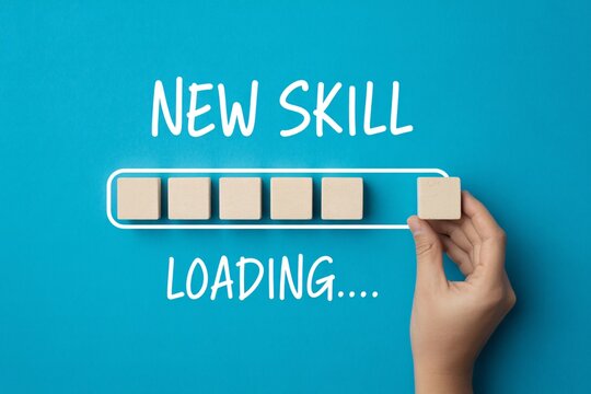 New skill loading progress bar with hand, learning and upskilling concept, education, personal growth.