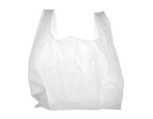 A clean plastic shopping bag, isolated on a white background, representing the simplicity and ubiquitous nature of single-use plastic.