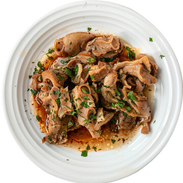 Chitlins with tangy vinegar sauce, plated neatly, garnished with parsley, southern delicacy on a pure white background, soft studio lighting, high detail.