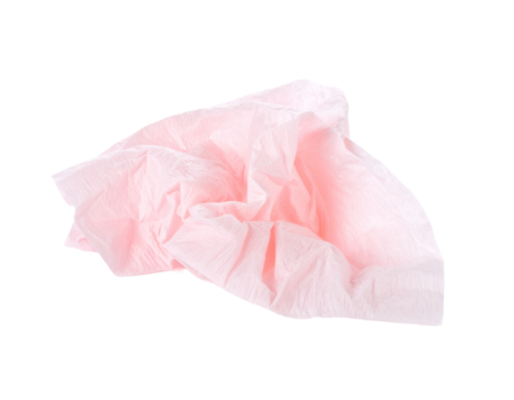 A close-up shot of a crumpled piece of used tissue paper, isolated on a white background, representing the texture and form of common waste.