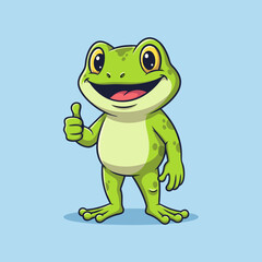 Fototapeta premium A cheerful green cartoon frog character standing and giving a thumbs-up gesture with a wide happy smile.