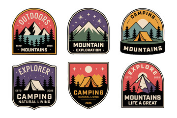 Collection of camping mountain themed graphic patch designs on black background. Perfect for outdoor apparel, adventure branding, camping products