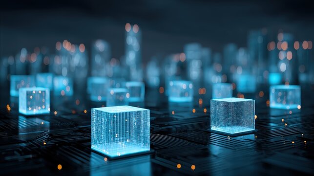 A futuristic digital landscape featuring glowing blue cubes on a circuit board, representing data processing and technology.