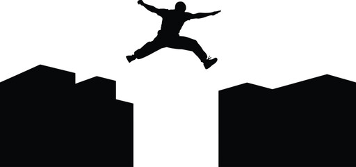 Silhouette of a man jumping between buildings, showcasing parkour and freerunning skills, a dynamic urban sport