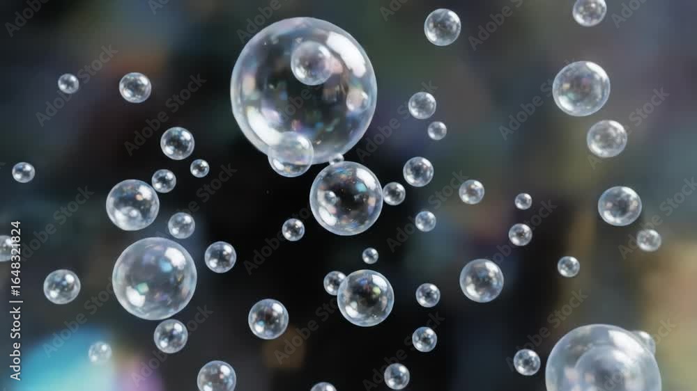 Poster transparent floating bubbles against a blurred dark background reflecting light and creating a dynam