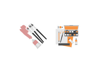 Vector illustration of art supplies, including paintbrushes, paint tubes, color palette, pencils, ruler, and sketchbook.