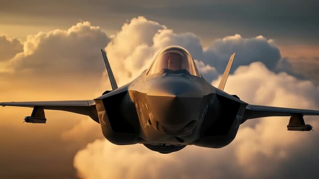 Stealth Fighter Jet F-35 Flying Through Dramatic Clouds at Golden Hour Sunset