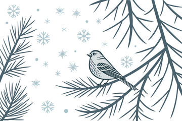 Charming hand drawn illustration of a small bird perched on a snow covered pine branch amidst falling snowflakes