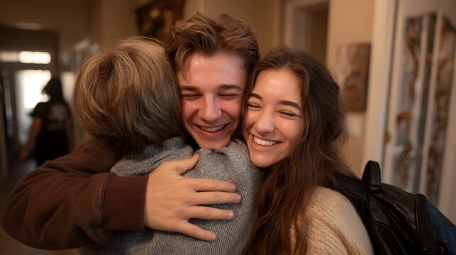 Exchange student embracing host family with emotion during farewell