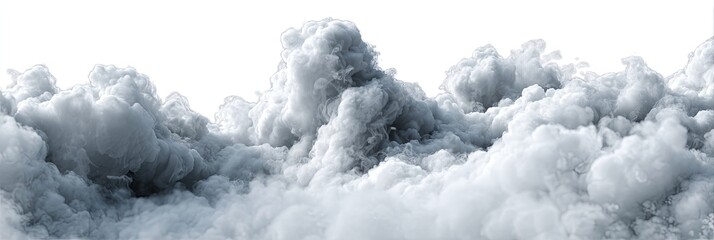 Dense, gray-white smoke clouds against a pure white background.  Massive, fluffy, billowing plumes of smoke fill the image