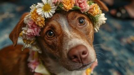 Festive dog wearing a floral lei for a summer party