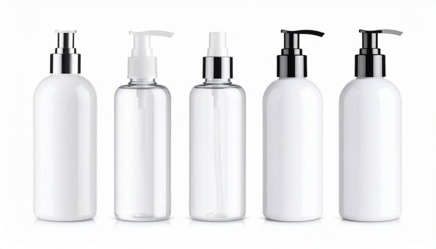 Cosmetics bottles with dispenser airless pump, isolated realistic set of containers. Cosmetics and body care products mockup.