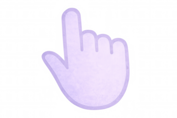 Purple cartoon hand pointing upward, signaling direction with extended index finger against transparent backdrop, communicating nonverbally