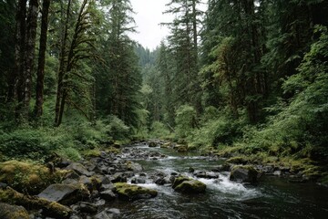 Lush forest stream, rocky banks, dense foliage