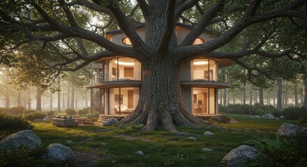 Obraz premium Spectacular modern house intertwined with a majestic oak tree offering an organic fusion
