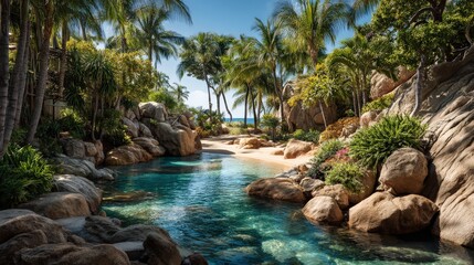 A serene tropical scene featuring a clear water stream surrounded by lush greenery and rocks, leading to a sandy beach.