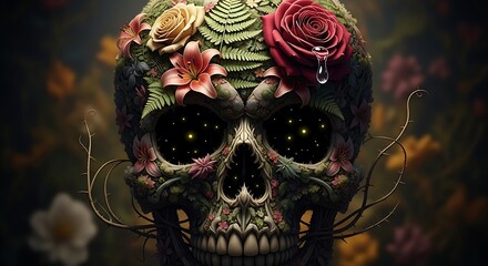 Floral skull with celestial eyes an artistic representation of life and death balance