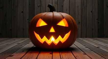 Obraz premium Glowing Jack-o'-lantern casting eerie light on wooden background evokes Halloween