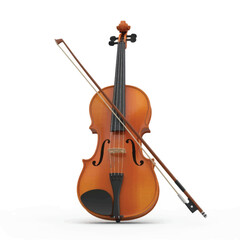 A beautifully crafted violin and bow positioned elegantly against a clean white background