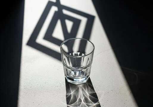 A clear glass placed on smooth concrete, casting sharp geometric shadows under midday light&mdash;modern and minimal.