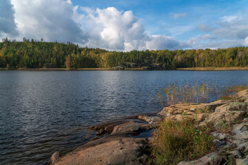 View from the shore of Lake Ladoga near the village of Lumivaara on a sunny autumn day, Ladoga skerries, Lahdenpohya, Republic of Karelia, Russia