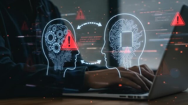 AI Cyber Security Threat: Man on Laptop Facing Artificial Intelligence Risks, Data Breach, and Vulnerability Exploitation - A Security Warning