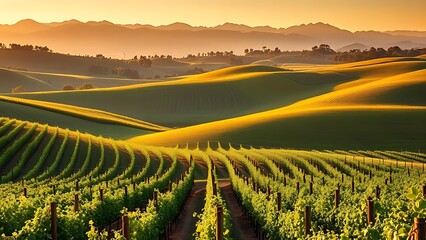 Vineyard with neat grapevine rows under golden sunlight, distant mountains softly blurred in the background.