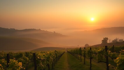 Vineyard landscape with rolling hills and golden sunrise tones under morning mist.