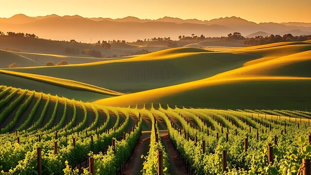 Vineyard with neat grapevine rows under golden sunlight, distant mountains softly blurred in the background. - Powered by Adobe