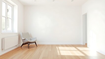 Fototapeta premium A minimalist modern living room with a mid-century armchair, bathed in natural window light.