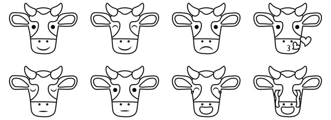 Cow Line Art Emoji Set - Minimal Cow Head Outline Illustration.
