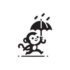 Illustration of a cute monkey holding an umbrella in the rain, with a white background