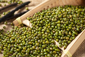 green mung beans on table.