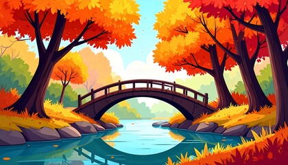 cartoon style background of riverbank lined with bright autumn trees and a small wooden bridge.  