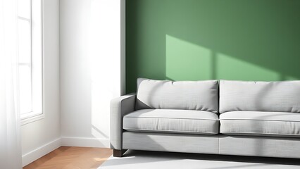 Minimalist living space with grey sofa against a green wall, clean and naturally lit interior.