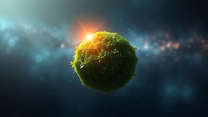 Lush green planet suspended in space with glowing atmosphere and vibrant cosmic vegetation.