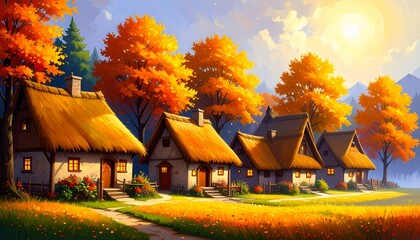 cartoon style background of Cozy village in autumn with cottages surrounded by golden trees. 