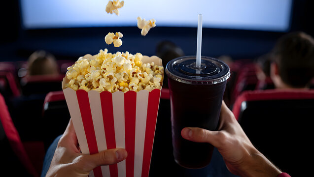 A Person's Hand Reaching for a Popcorn from a Striped Box during a Movie.
