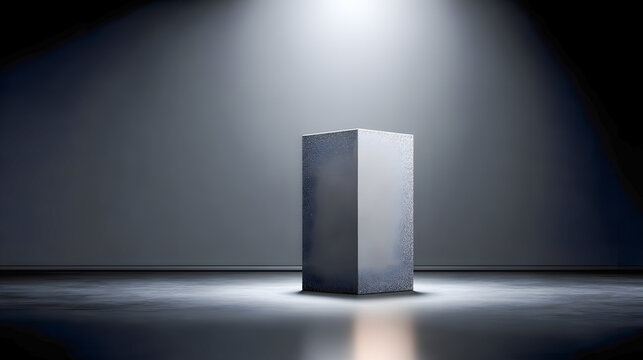 Silver Metallic Block on Reflective Surface with Spotlight for Product Display