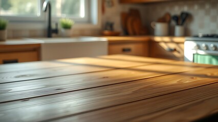 A wooden table with subtle grain texture, softly lit by kitchen window light creating a gentle bokeh effect.
