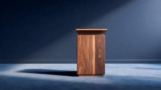 Modern wooden podium against a dark blue wall with light and shadow