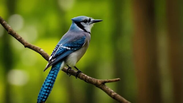 A blue jay perched on a branch in front of a blurred green background in natural lighting bird video