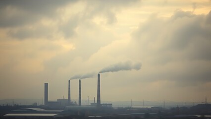 Industrial landscape with smokestacks and a dramatic cloudy sky.