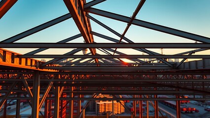 Geometric steel beams under golden hour light, showcasing industrial strength and architectural beauty.